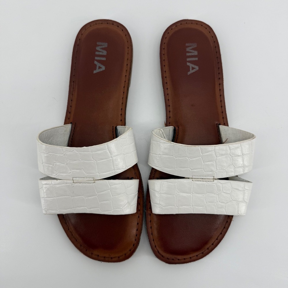 MIA Ricky-G Womens White Croc Embossed Double Strap Flat Slide Sandals Size 7M